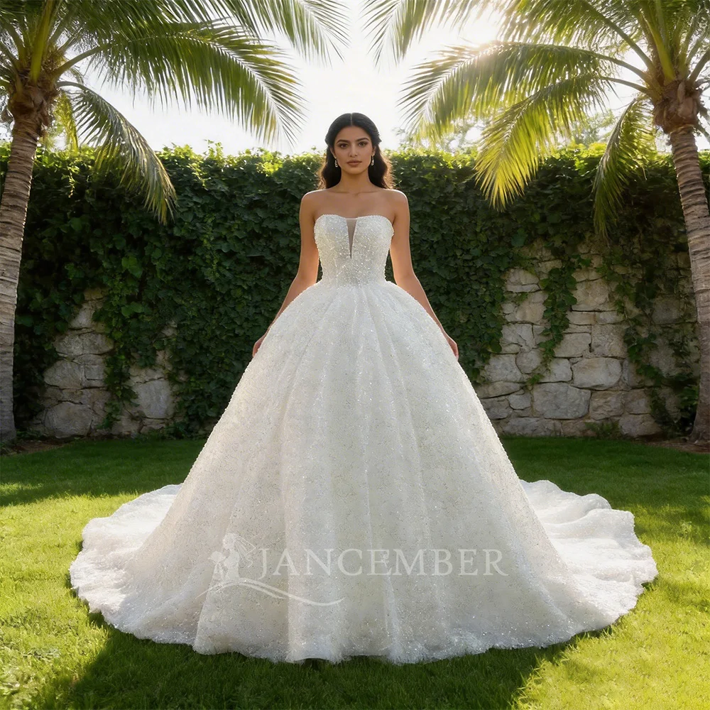 

Gorgeous Chapel Train Ball Gown Wedding Dresses 2026 Customizeed Elegant Strapless Beading Vintage Bridal Gown vestidos de novia