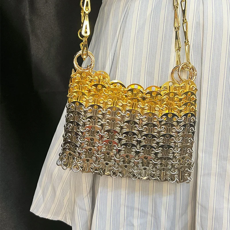 

Silver Shiny Bag Handwoven Beads Mobile Phone Long Shoulder Strap Single Shoulder Crossbody Top-Handle Bag Female Handbags