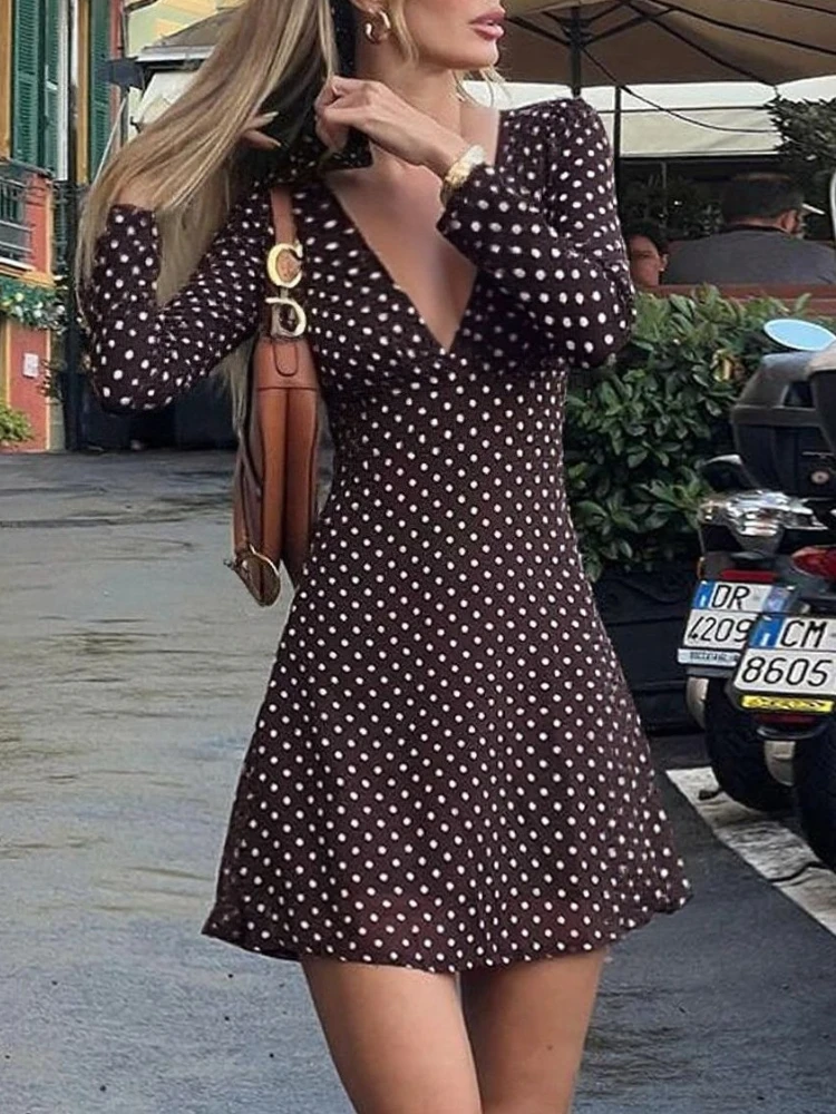 Tossy Mini abito sexy con scollo a V profondo a pois da donna Slim maniche lunghe a vita alta Streetwear Patchwork Abito a contrasto Mini abito femminile