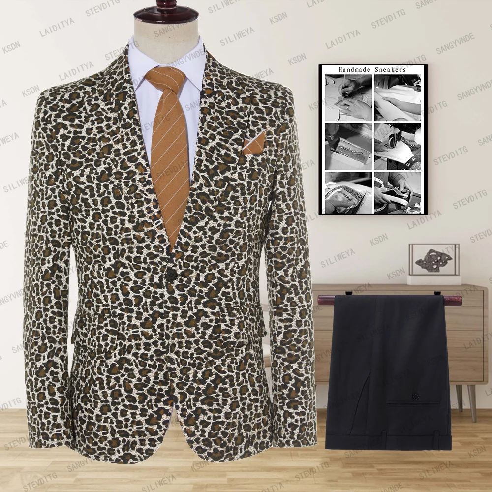 

2023 Leopard Suits Men Slim Fit Casual Daily Single Breasted Coat Pant Design Latest Smoking Groom Blazer 2 Pieces Blazer+Trouse