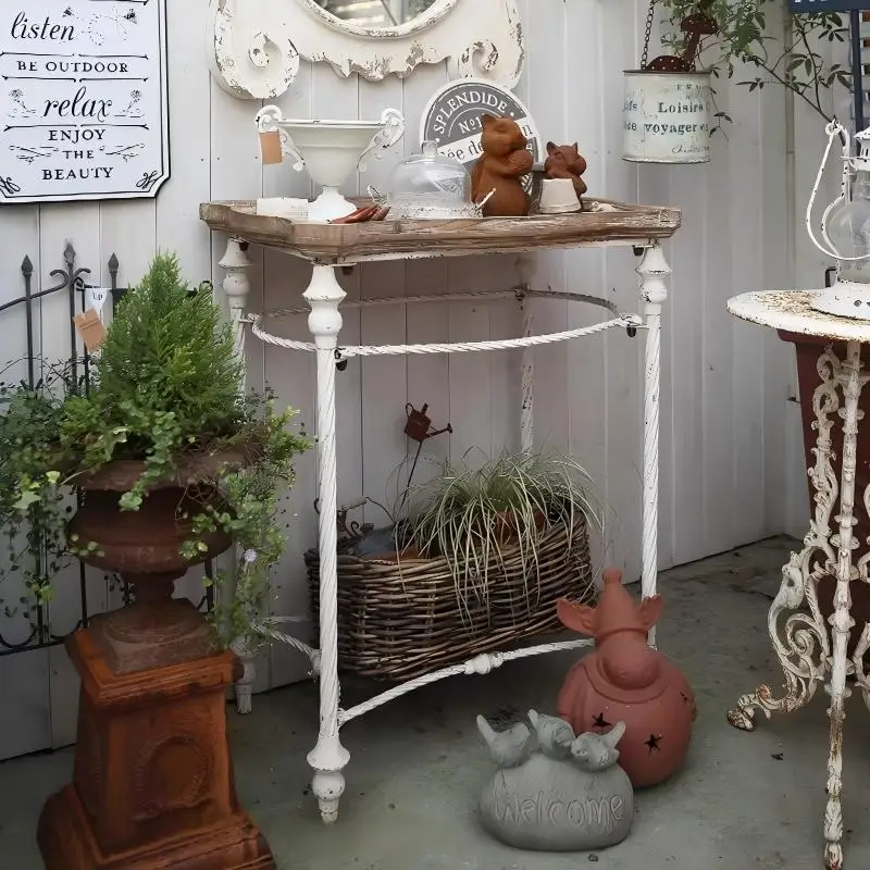Vintage Rustic Console Table, Distressed Wood Top Iron Leg Garden Table, Farmhouse Patio Display Table Entryway Decor