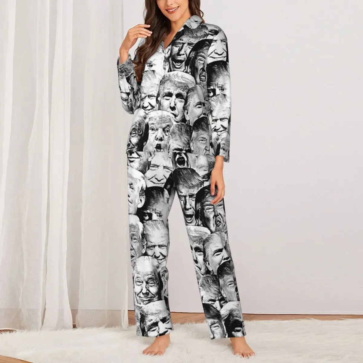 Funny Meme Print Pajamas Womens Trump Collage Soft Sleep Sleepwear Spring 2 Piece Casual Oversized Design Pajama Sets