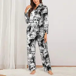 Funny Meme Print Pajamas Womens Trump Collage Soft Sleep Sleepwear Spring 2 Piece Casual Oversized Design Pajama Sets