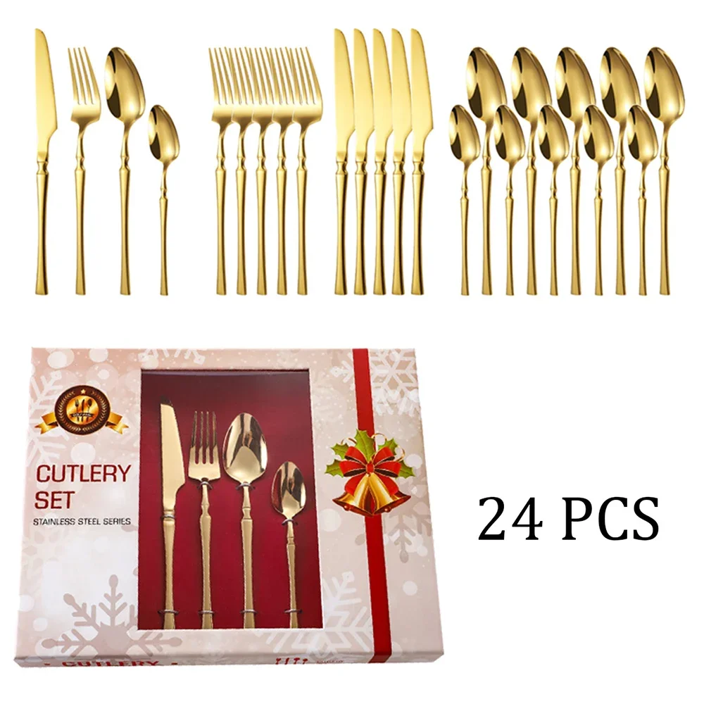 

24Pcs Cutlery Set Stainless Steel Gold Dinnerware Christmas Dinner Flatware Knife Fork Spoon Luxury Kitchen Tableware Gift Box