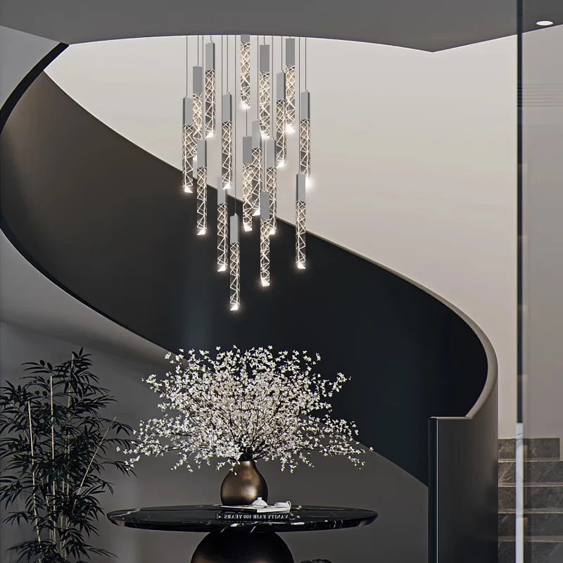 LED Stair Crystal Chandelier Duplex Loft Spiral Staircase Long Chandelier Modern Creative Villa Living Room Hollow Drop Light