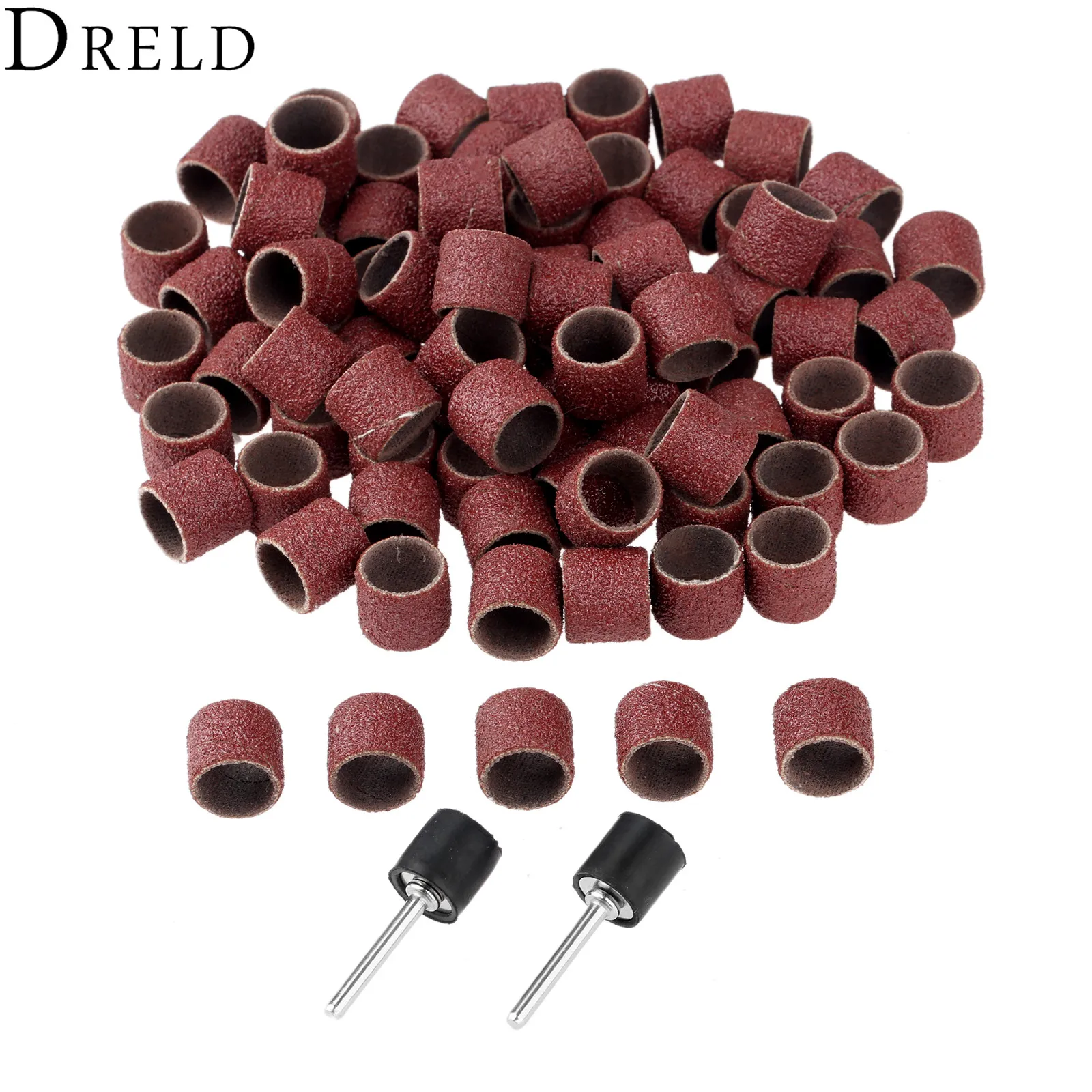 

DRELD 100Pcs 12.7mm 1/2" Drum Sanding Band Nail Drill Bits + 2Pcs Band Mandrel 1/8" 3mm Shank for Rotary Tool Dremel Accessories