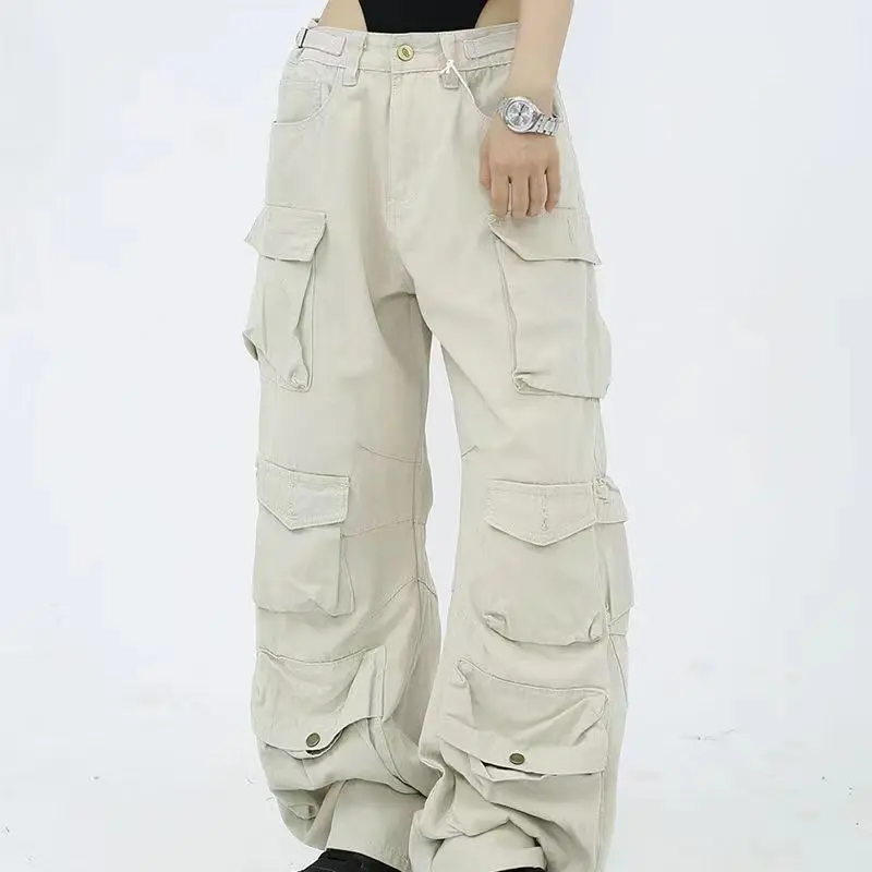 Multi-Pocket Washed Cargo Pants Y2k Retro High Street Fashion High Waist Jeans Couple Harajuku Simple Casual Wide Leg Pants 3XL