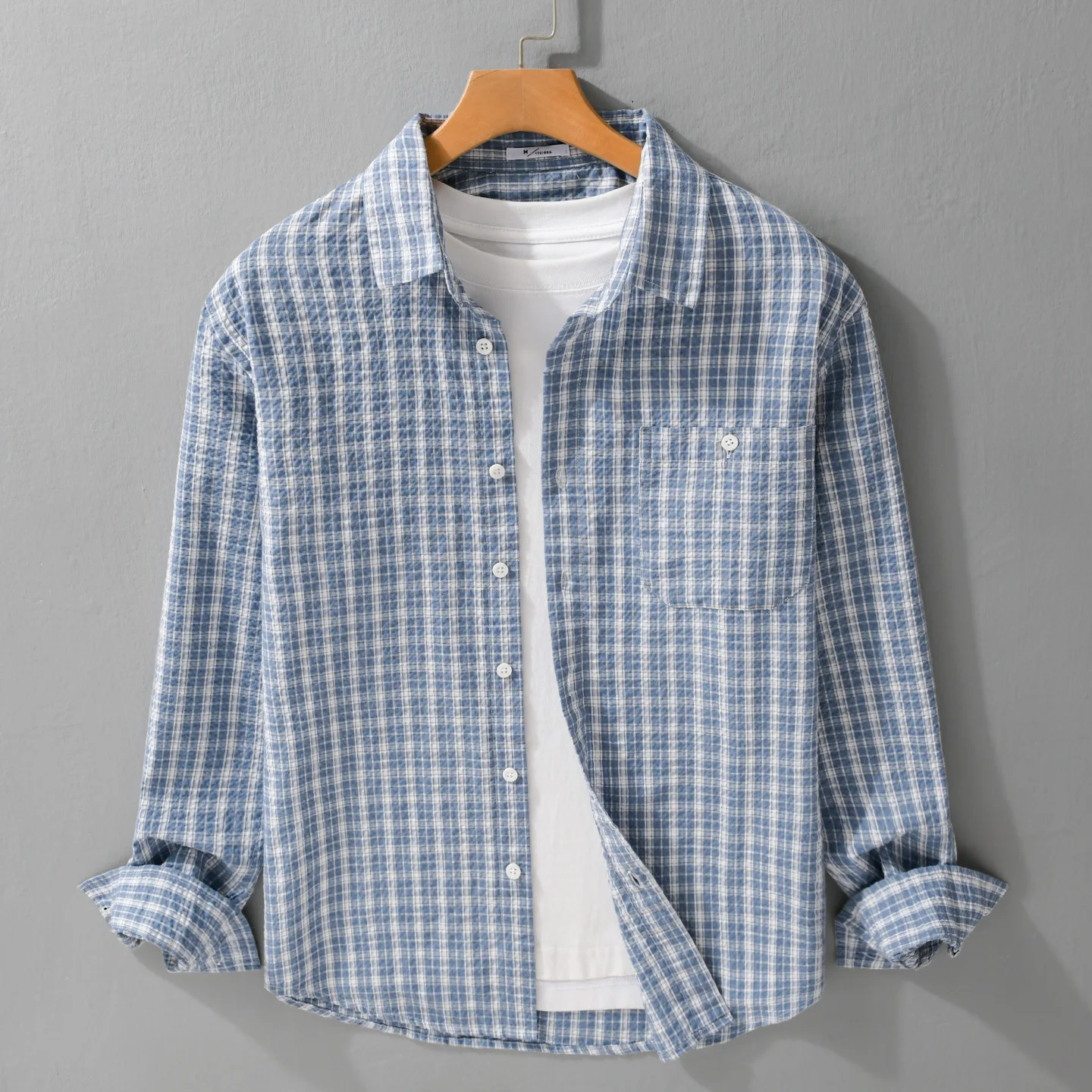 

Classic Plaid Shirt Man Long Sleeve Japan Style Casual Shirts Spring Summer Daily Tops Lapel Pocket Bubble Shirt Simple Clothes