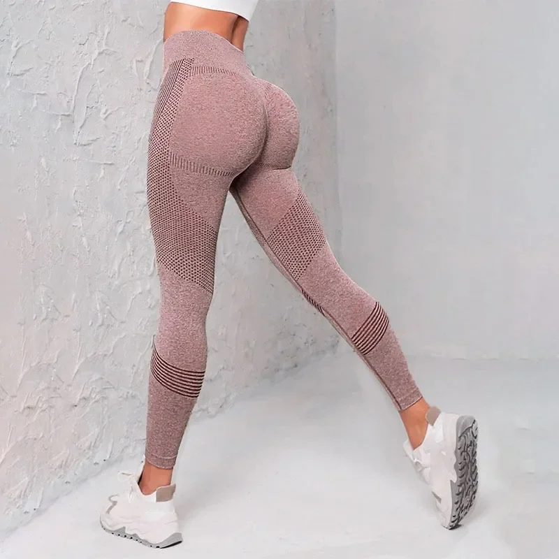 Elastic High เอวกางเกงขายาวผู้หญิงถัก Tights Seamless Butt Lift ฟิตเนสโยคะแฟชั่น Skinnly Gym กีฬา Leggings