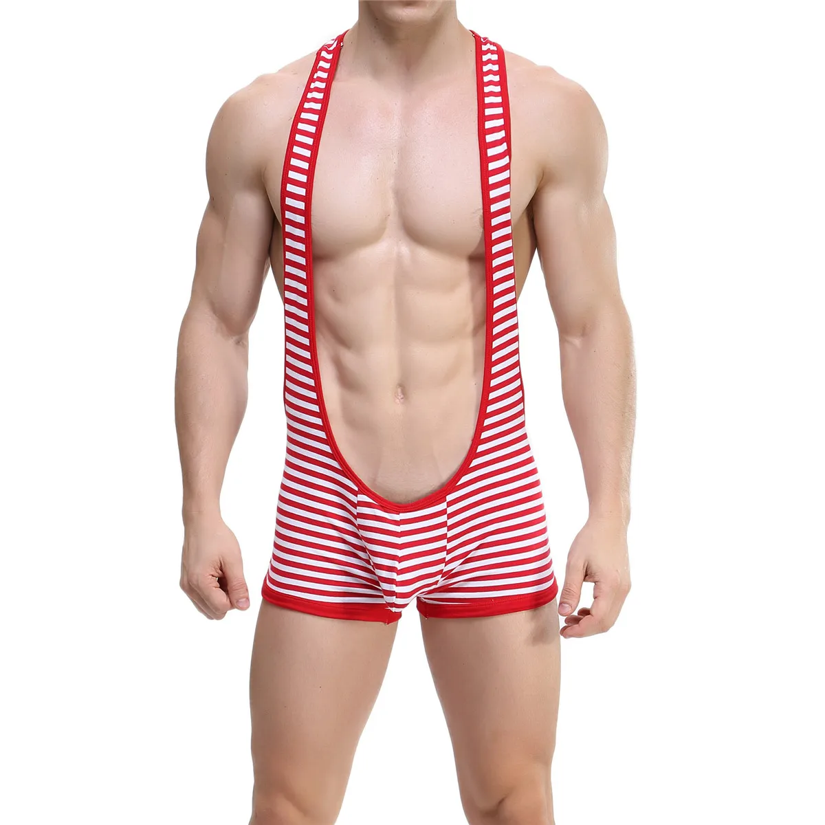 

Sexy Men's Stripe One-Piece Undershirts Breathable Stretchy Bodysuits Male Pajama Leotards Jockstraps Gay Underwear Jumpsuits