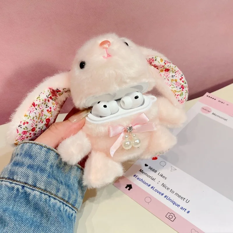 Cute 3D Fluffy Bunny Case for Airpods 4 3 2 1 Pro 2 Pro 3 Soft Plush Cover with Floral Ears & Pearl Bow Shockproof Kawaii Gift view 5