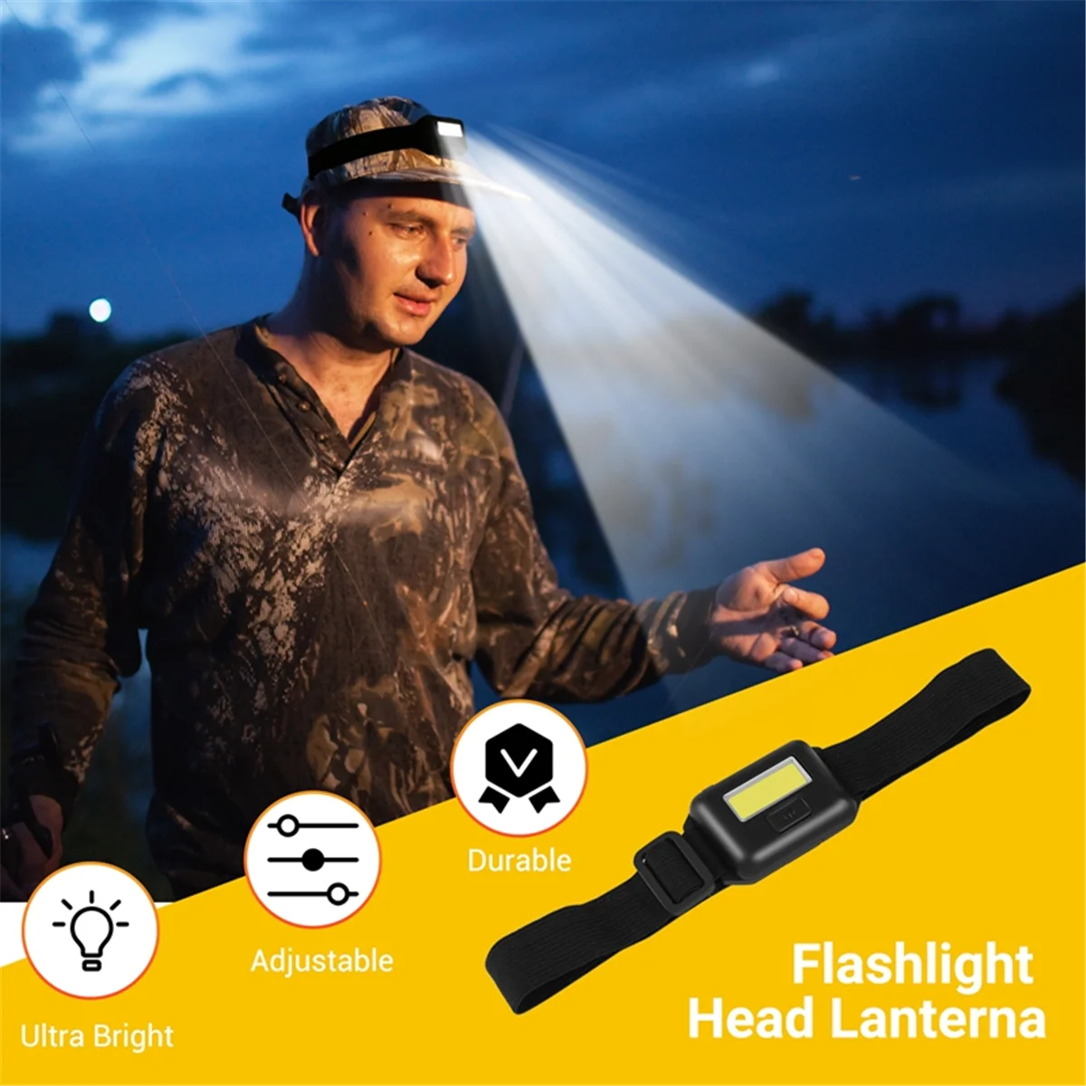 Mini farol LED com 3 modos, Cob LED, Rainproof Head Torch, lanterna para exterior, camping, pesca, preto