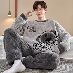 Winter Men's Autumn Warm Pajamas Set Man Casual  Coral Fleece  2Pcs Sleepwear Cartoon Male Loose Homewear Round Neck Pijmas suit