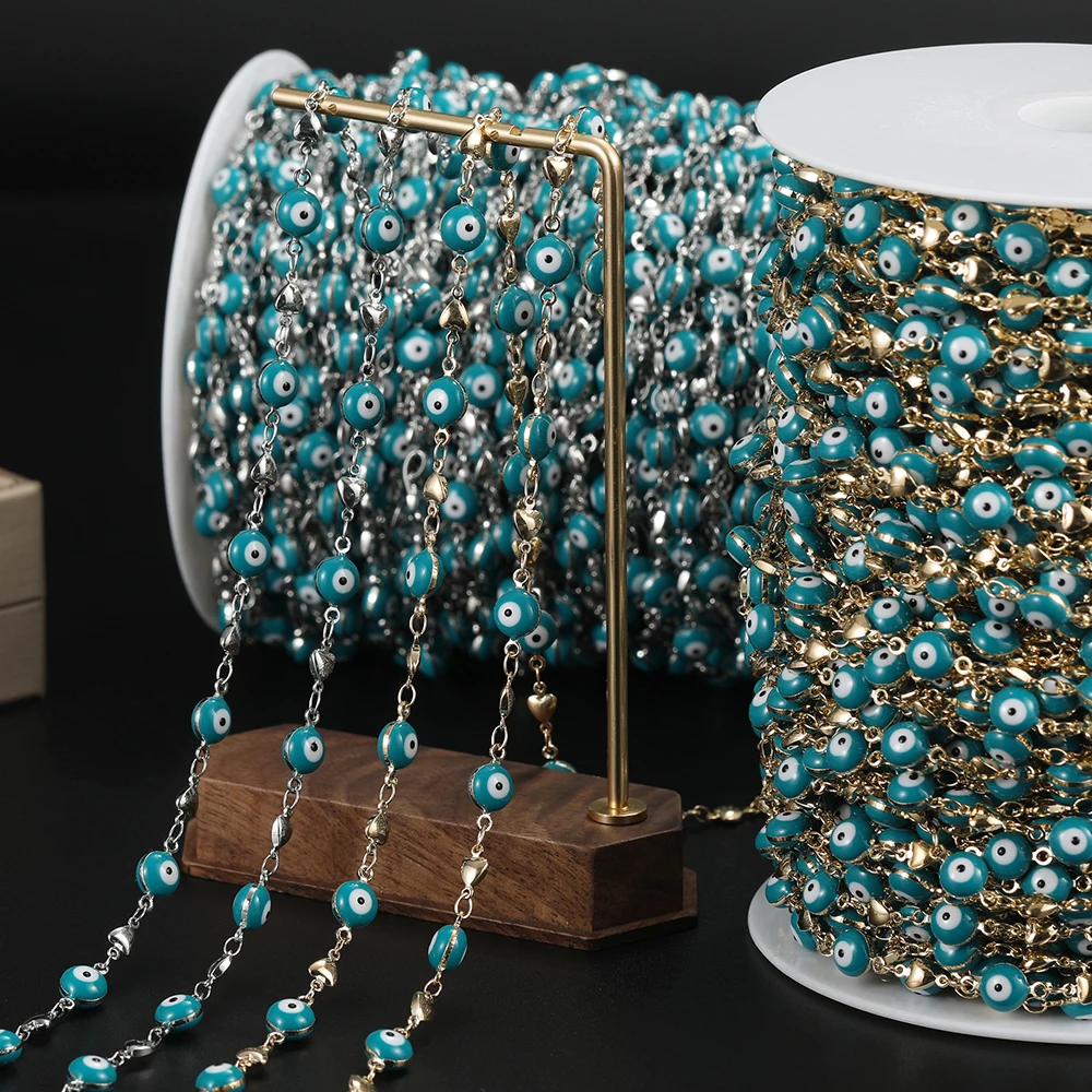 1m Copper Blue Devil's Eye With Heart Charms Chains for DIY Necklace Bracelet Waist Chain Crafts Jewelry Making Chains