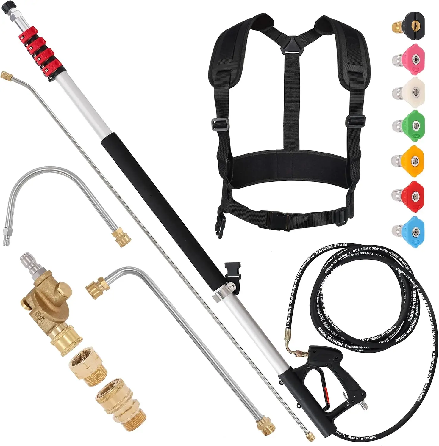 Pressure Washer Extension Wand, Telescopic Gutter Cleaner,3Curve Wands,7Spray Nozzle Tips,Adjustable Support Belt and 2Adapters