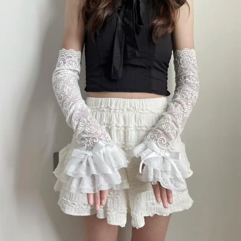 Punk Gloves Ruffled Lace for Halloween Party Fingerless Gloves for Bridal Dark Arm Sleeves Halloween Costume 