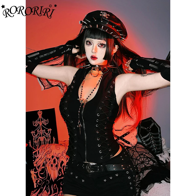 

RORORIRI темная готическая майка на шнуровке для женщин, тонкий эластичный укороченный топ на молнии с открытыми плечами, жилет без рукавов, уличная одежда в стиле панк в стиле ретро