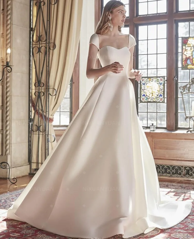 Elegant Satin Wedding Dress for Woman Off Shoulder Buttons 2024 Bride A-LINE Vestido De Casamento Wedding Guest Dress