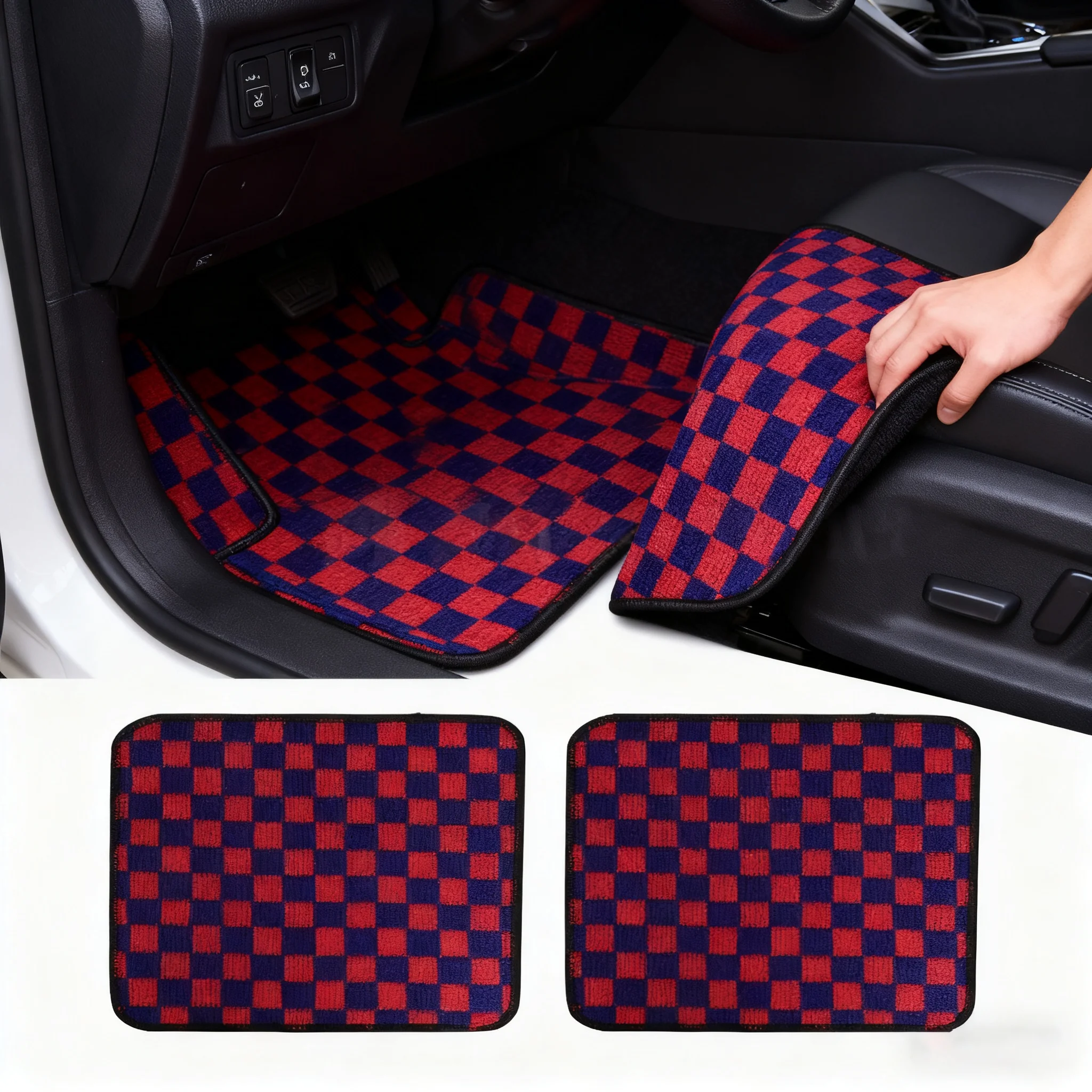 

Plaid Fleece Auto Floor Mats 4Pcs - Non-Slip Fluffy Carpet Foot Pads Universal Fit for Interior Decor