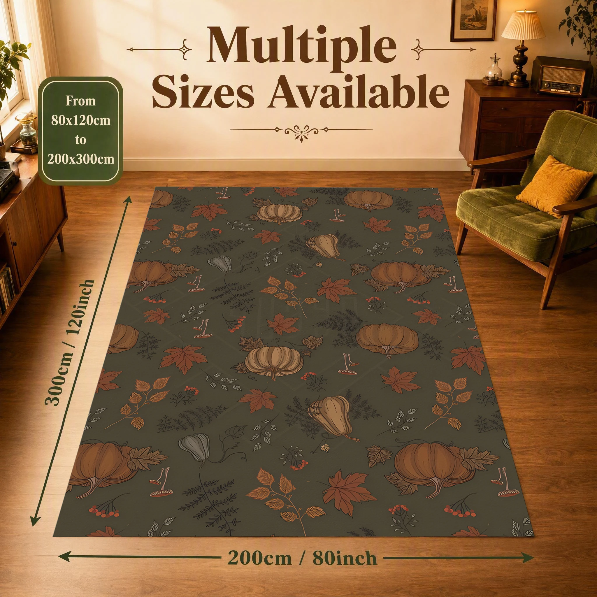 Pumpkin and Autumn Leaf Print Retro Forest-Style Velvet Rug, Perfect for Autumn and Winter, Suitable for Living Room and Bedroom, Easily Creating a Warm Autumn Harvest Atmosphere
