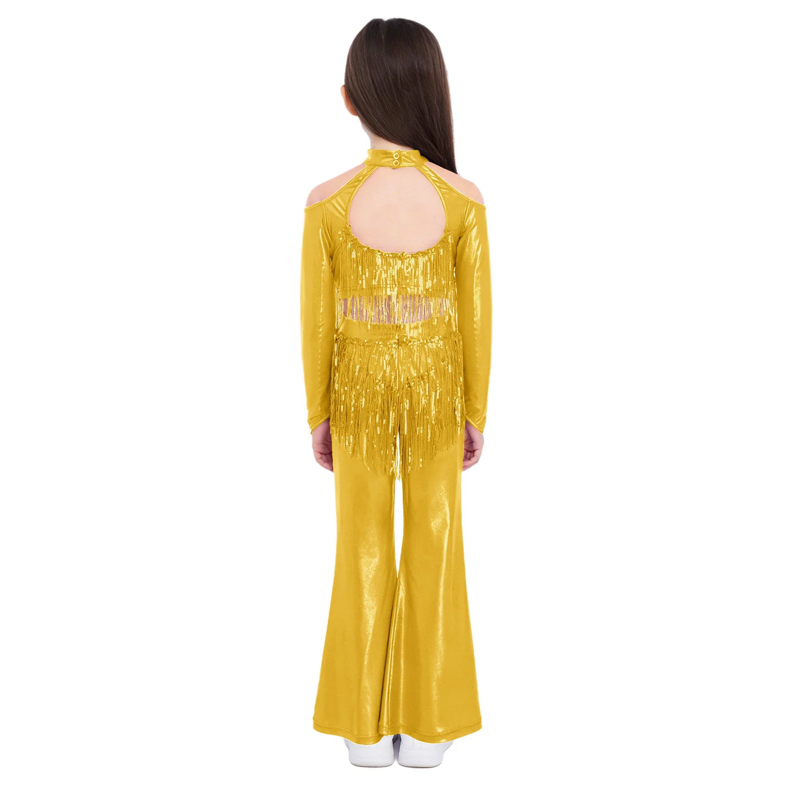 Halloween 70s 80s Disco Hippie Costume Girls Long Sleeve Metallic Sequin Tassels Crop Top with Bell-Bottom Pants Jazz Dancewear