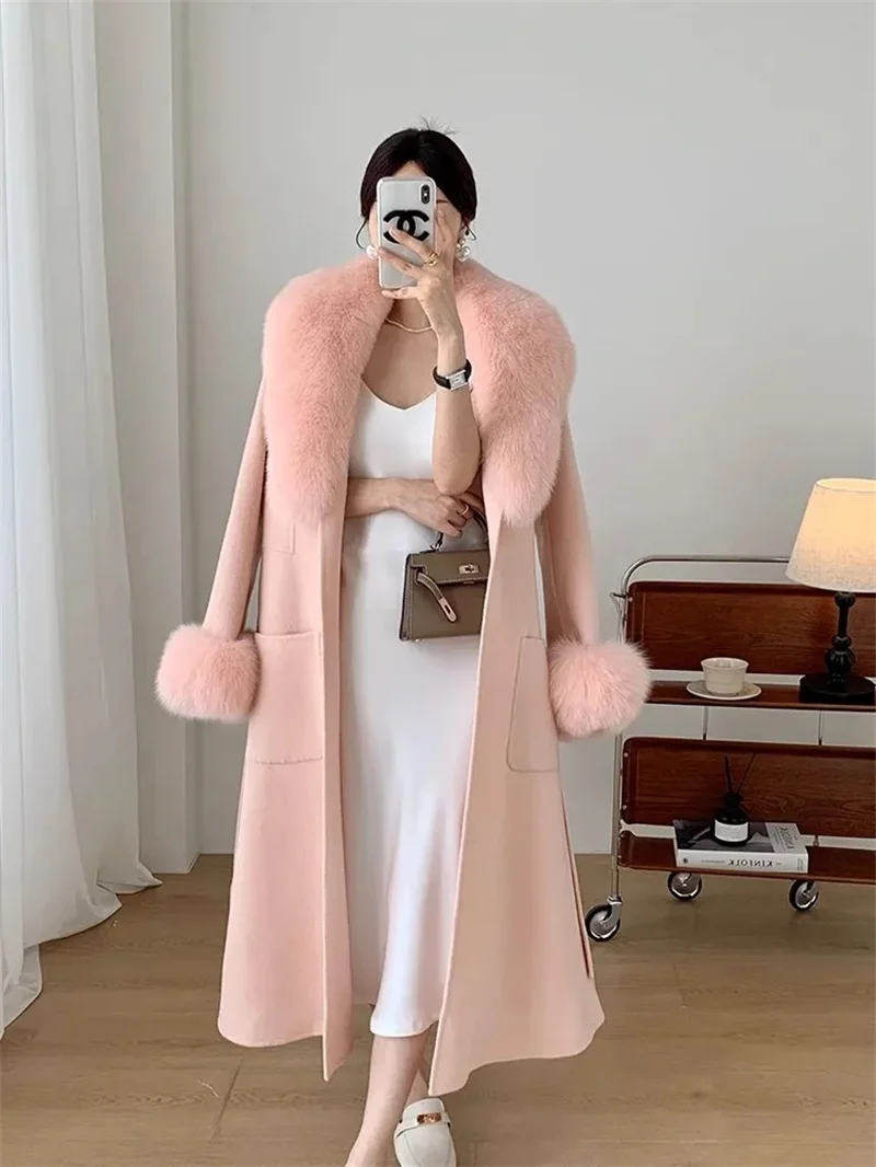 여성 겨울 레이스 업 오버코트 모피 푹신한 옷깃 긴 소매 하이 스트리트 패션 의류 붕대 여성 자켓 오버코트