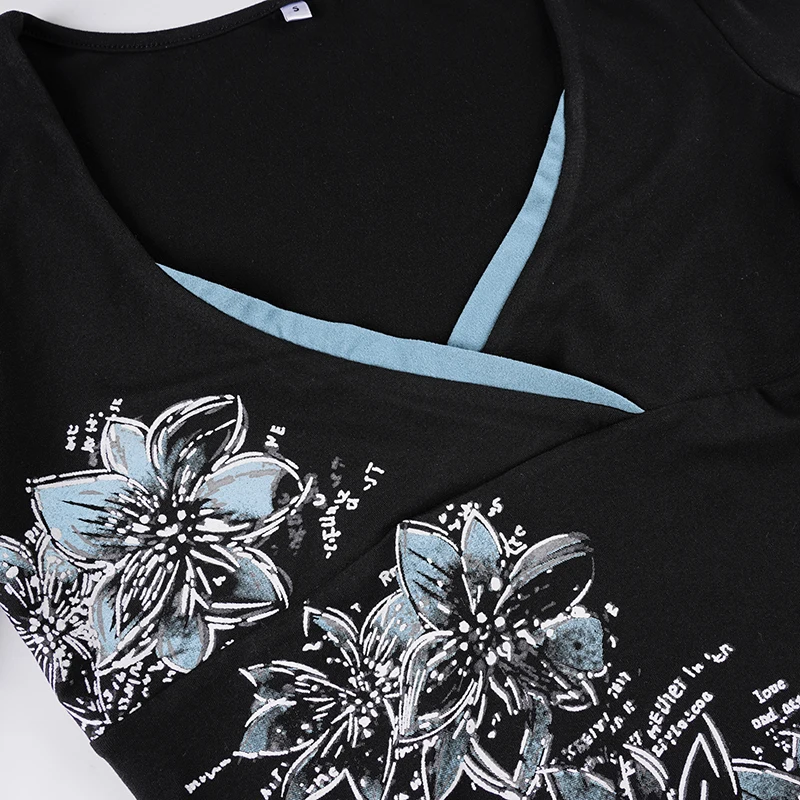 SUCHCUTE Vintage Grunge Y2K Top für Damen, Wickel-Design, V-Ausschnitt, Blauer Kontrast-Blumendruck, Schulterriemen zum Binden, Schmal geschnittenes Langarmshirt für Ausgehzwecke – Detail 6