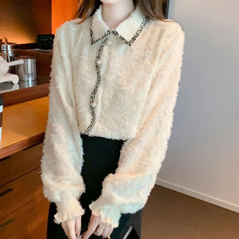 Elegant Fashion Female Solid Color Button Shirt Autumn Winter Korean Thick All-match Turn-down Collar Blouse Women's Clothing