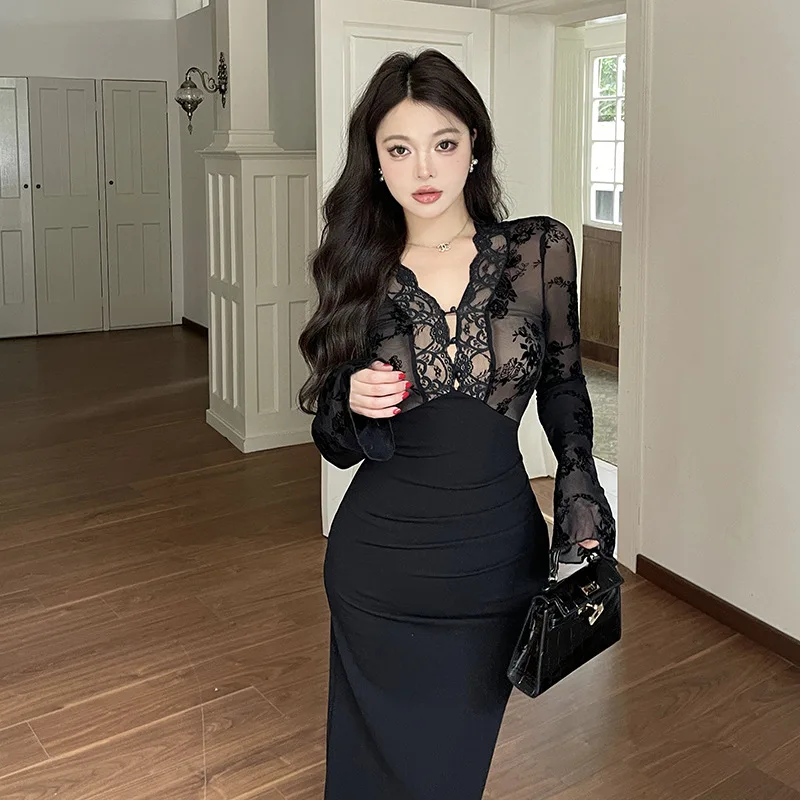 우아한 여성용 블랙 바디콘 머메이드 이브닝 가운 컷아웃 디자인 허리 슬림핏 백 슬릿 클럽 파티 프롬 드레스 로브 니치