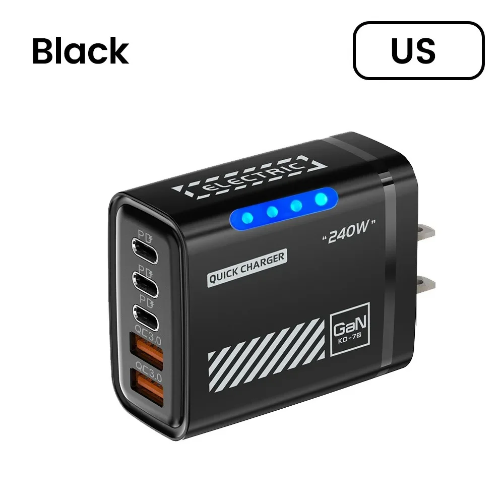 GaN 5-in-1 USB-C Ladegerät 240W PD Quick Charge 3.0 EU US UK Ladestecker Schnellladung für iPhone 17 16 15 Samsung Xiaomi Huawei