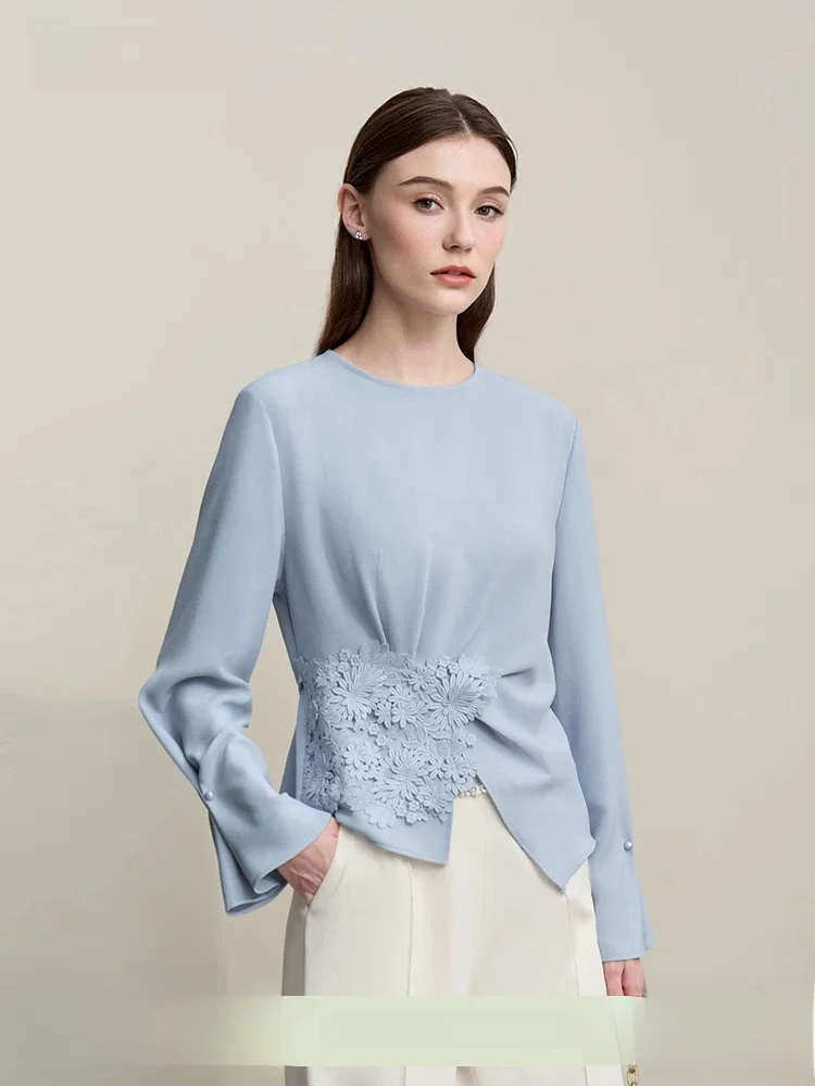 

Женская блузка Ele Commuter Sle с круглым вырезом, кружевной отделкой, поясом, шифоновый топ, двусторонний, с длинными рукавами, из полиэфирного волокна, повседневная одежда