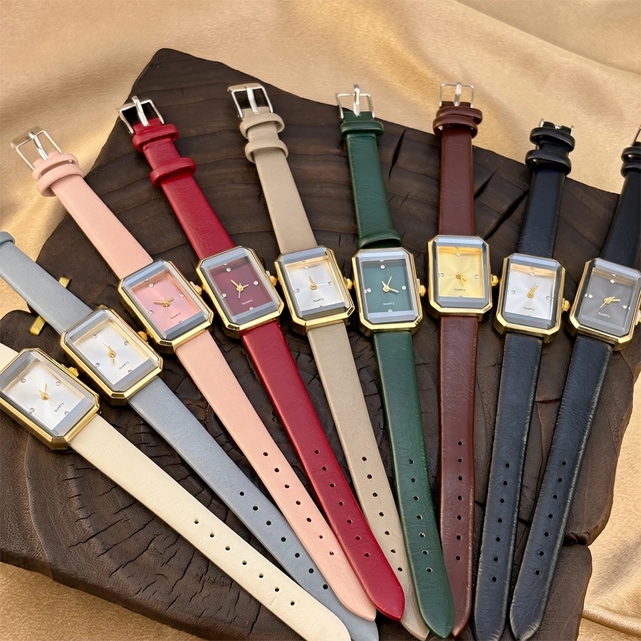 Timeless Rectangular Domed Glass Dial Leather Strap Fashion Watch for Women