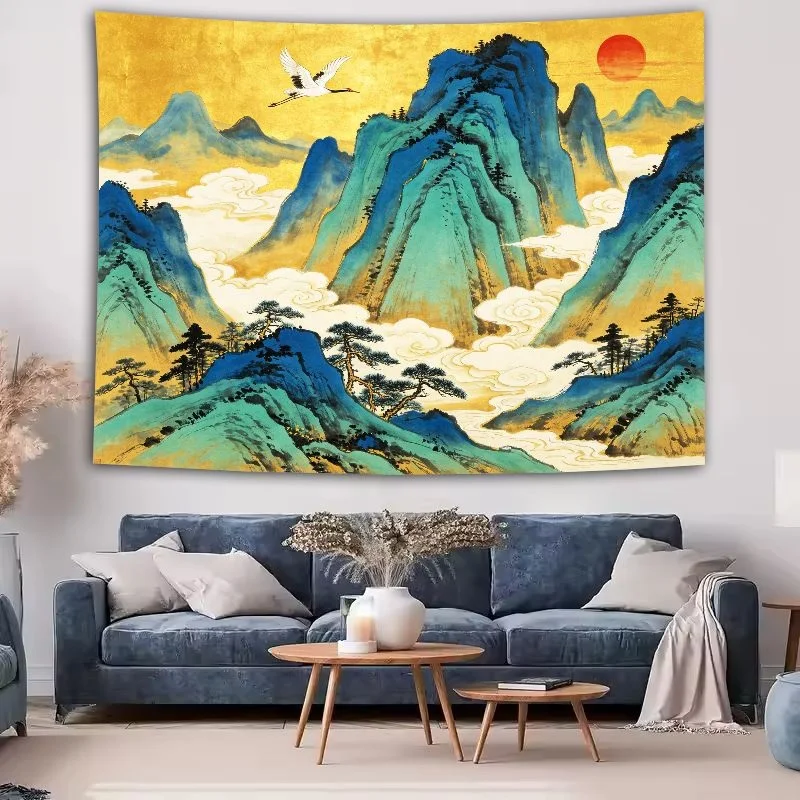 VIKAMA Mountain Chinese Ink Painting Tapestry Wall Hanging, Wall Art for Living Room Bedroom Office Study Room Tea Room Decor
