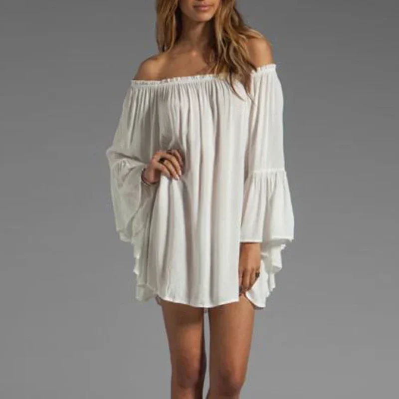 Fashion High Quality Women\'s Sexy Casual Halter Sexy Boho Ruffle Sleeve Top Mini Dress Slash Neck Loose Solid Color Woman Dress