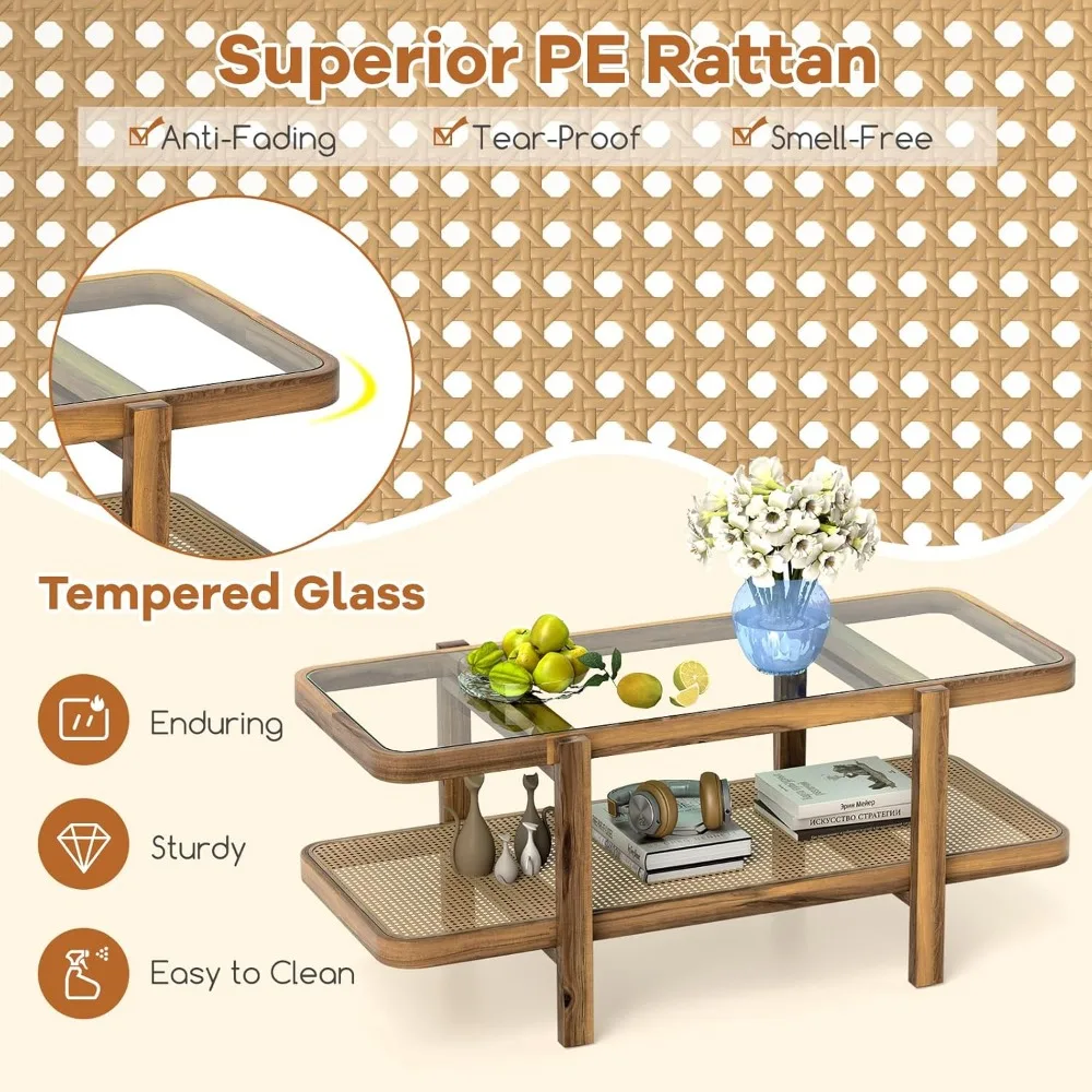 Rattan Coffee Table, 47.5”L Boho Cocktail Tables, 2-Tier Center Table with Tempered Glass Tabletop, PE Rattan Shelf & A