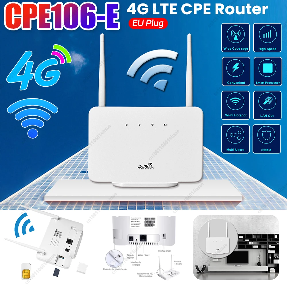 

CPE106-E 4G LTE CPE Маршрутизатор Wi-Fi Маршрутизатор 300 Мбит/с 4G Маршрутизатор Беспроводной модем Внешняя антенна со слотом для SIM-карты Вилка европейского стандарта для дома