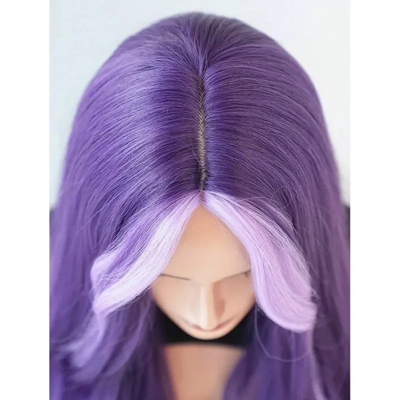 Versatile cross-border wig for women purple highlights and violet stripes, Halloween style with large wavy curls