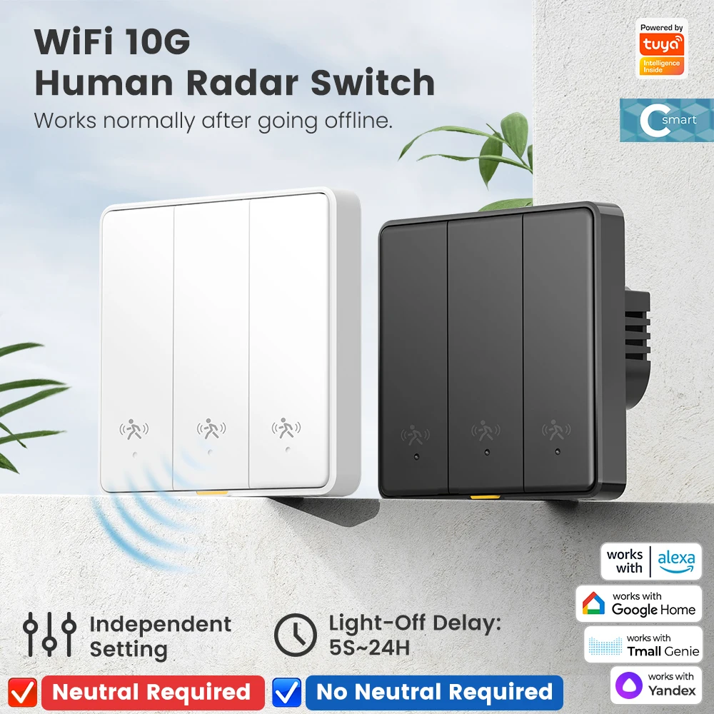 Tuya WiFi Smart 10G Human Radar Motion Sensor Switch EU Wall Light Switch No Neutral APP Remote Voice Timer Alarm Control