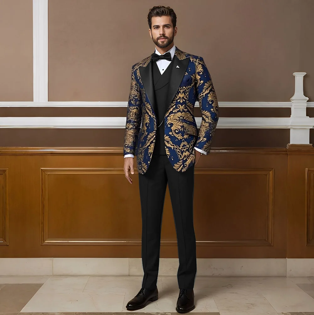 Gold-Stamped Men's Suit Jacket Wedding Tuxedo Groom 3-piece Suit Formal Slim fit Outfit Fashionable Party Dress for Men