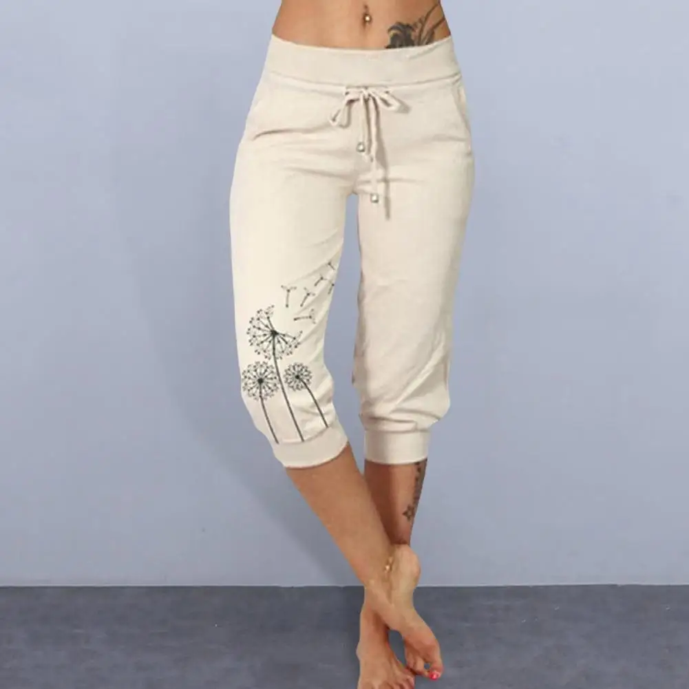 Summer Women Cropped Pants Drawstring Waist Harem Pants with Pocket Dandelion Print Casual Sporty Women Trousers