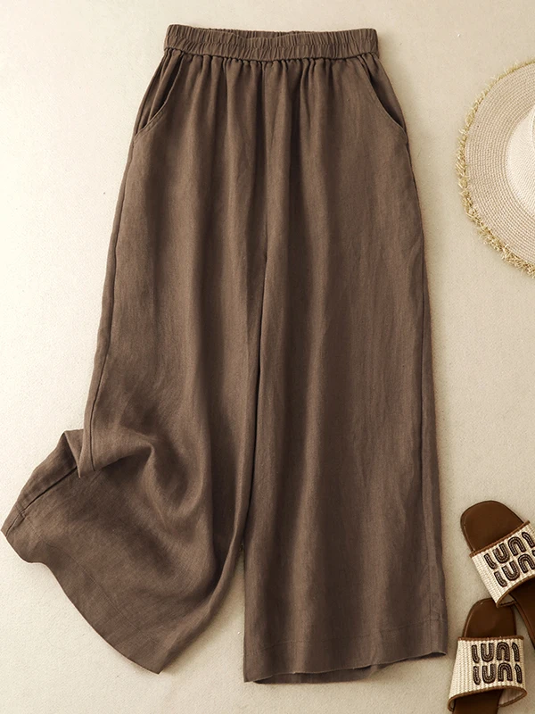 

Women's Spring Summer Cotton Linen Loose Wide Leg Pants Straight Cut Eighteen Length Versatile Casual Trousers