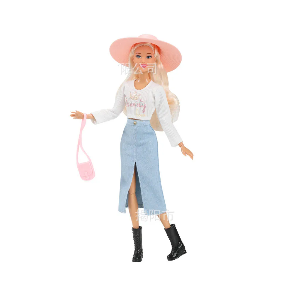 30cm European Fashion Girls Princess Doll Trendy Casual Top + Denim Skirt Set 1/6 BJD Dolls Joints Movable Kids Play House Toy