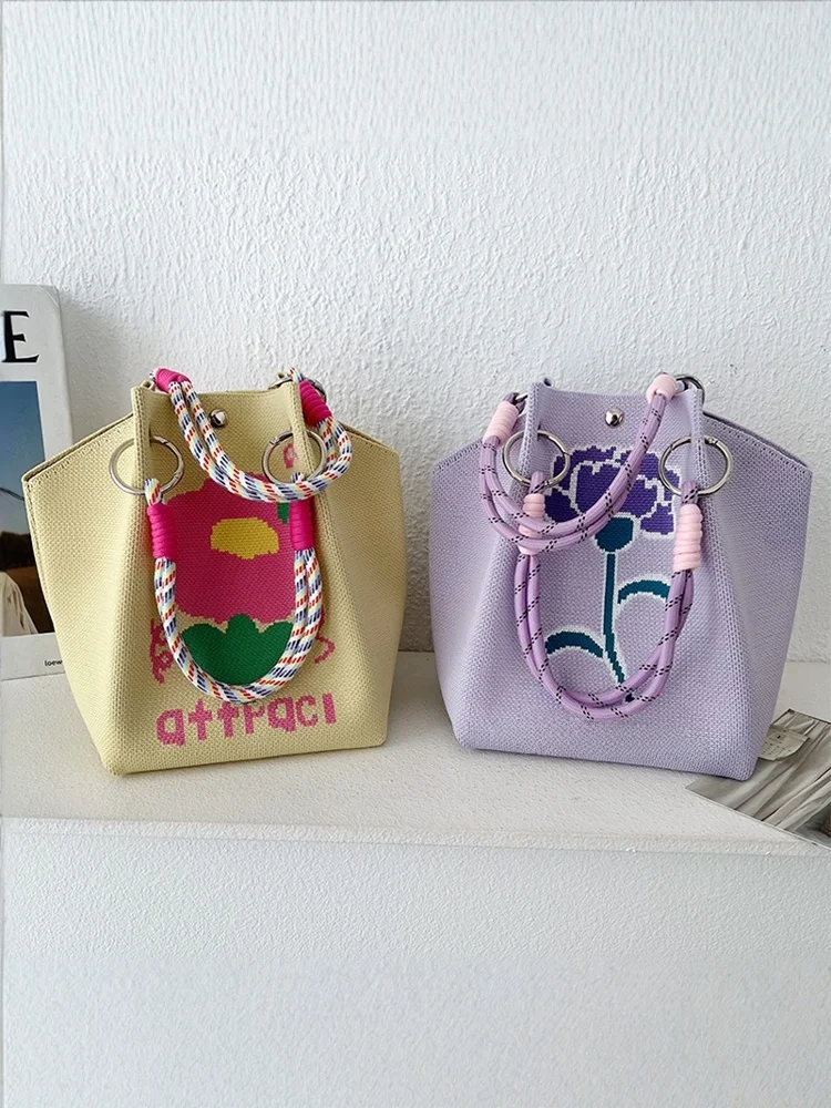

Cute Flower Large Capaci Commuter Tote Bag Ladies op Knitted Casual Buet Bag Faionable Casual Versatile Handbag