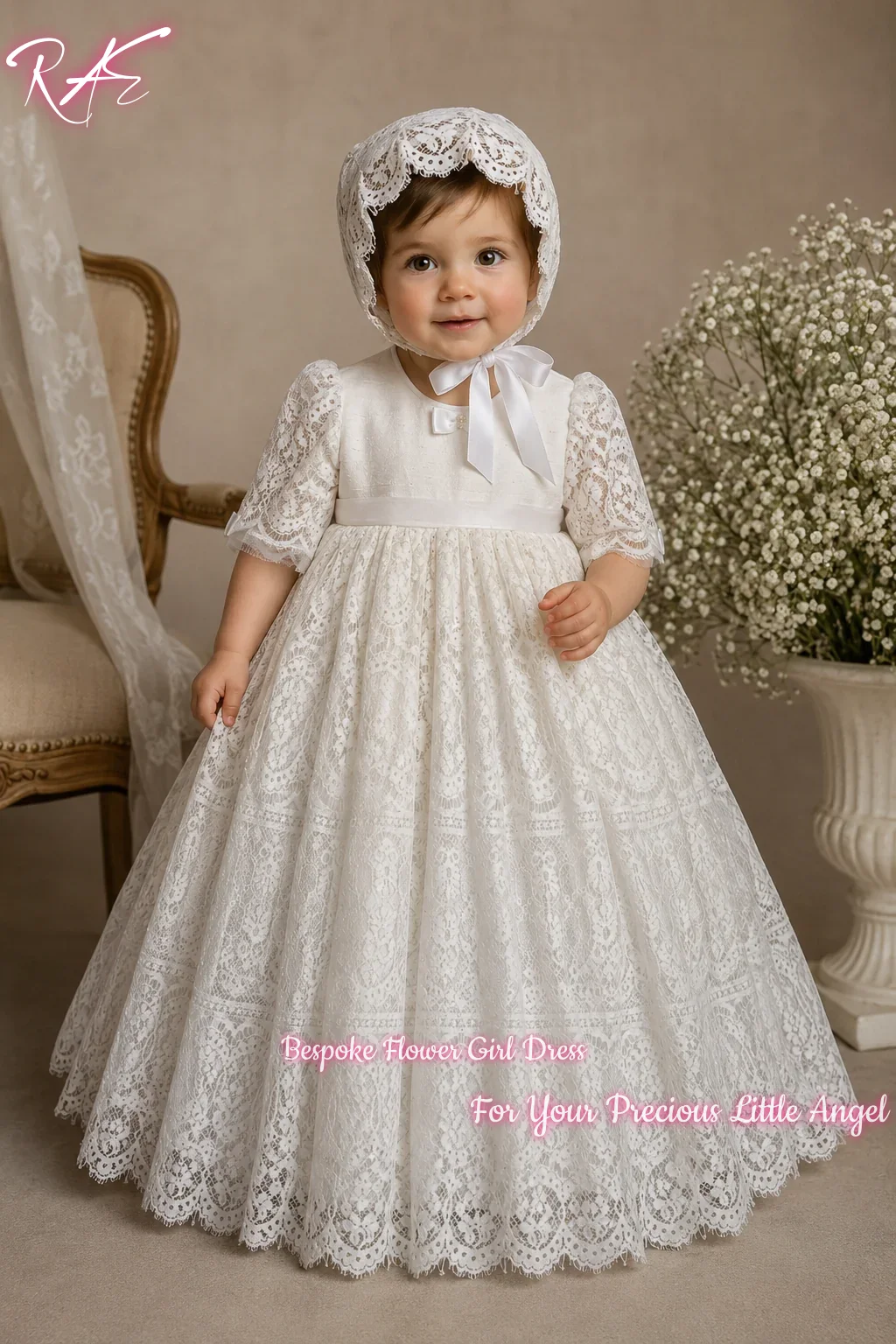Vintage White Lace Flower Girl Dress For Wedding Baptism Birthday Puff Short Sleeves A Line Floor Length Gown With Delicate Bow