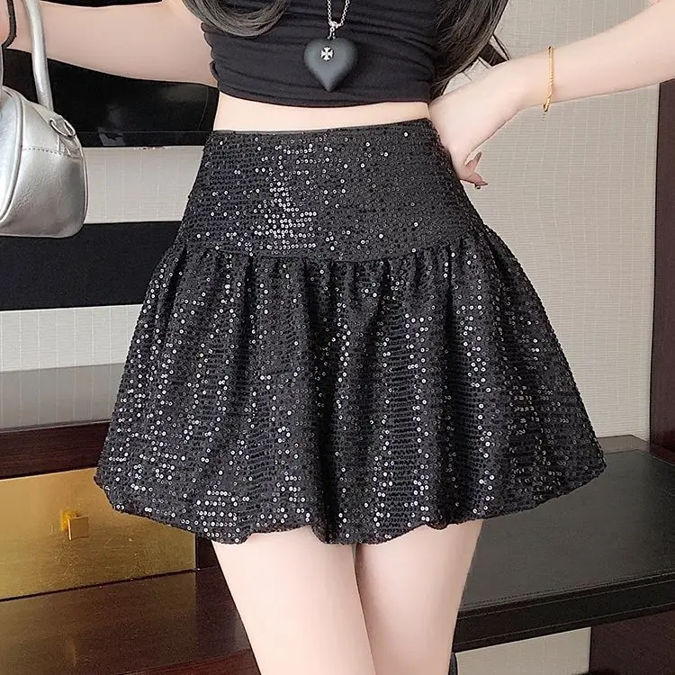 

Sequined Bud Puffy High-waisted Short Skirt Spring and Summer A-shaped Pleated Skirt
