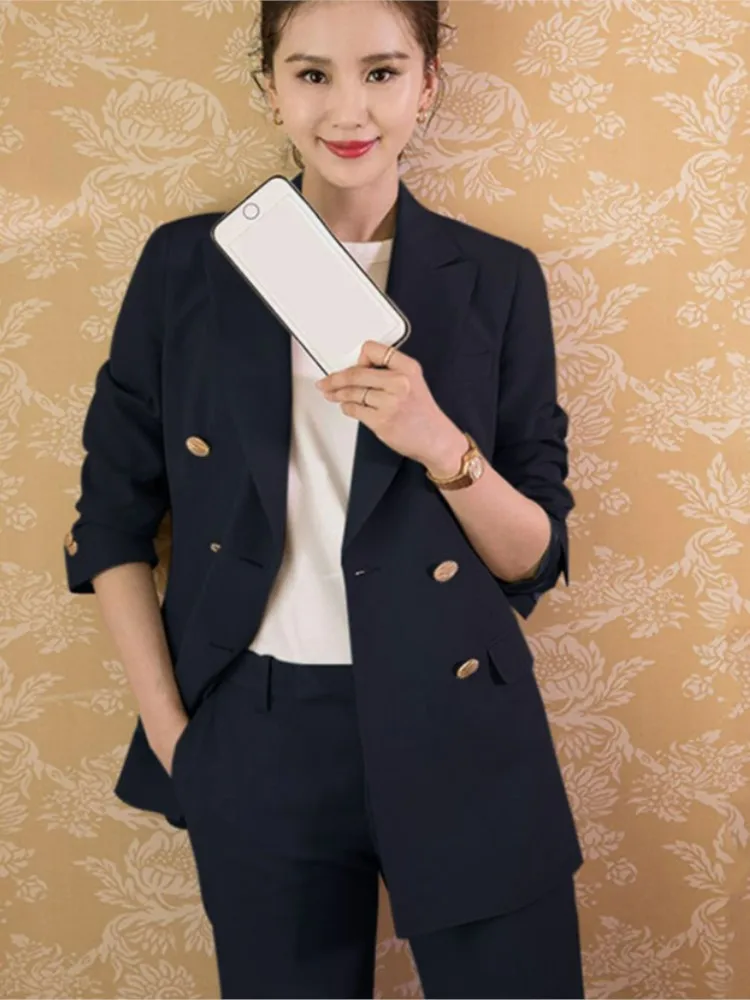 Women‘s Fashion Elegant Blazer Pantssuit Long Sleeved Casual Jacket and Pants Two Pieces Set Female Business Workwear Trousers S