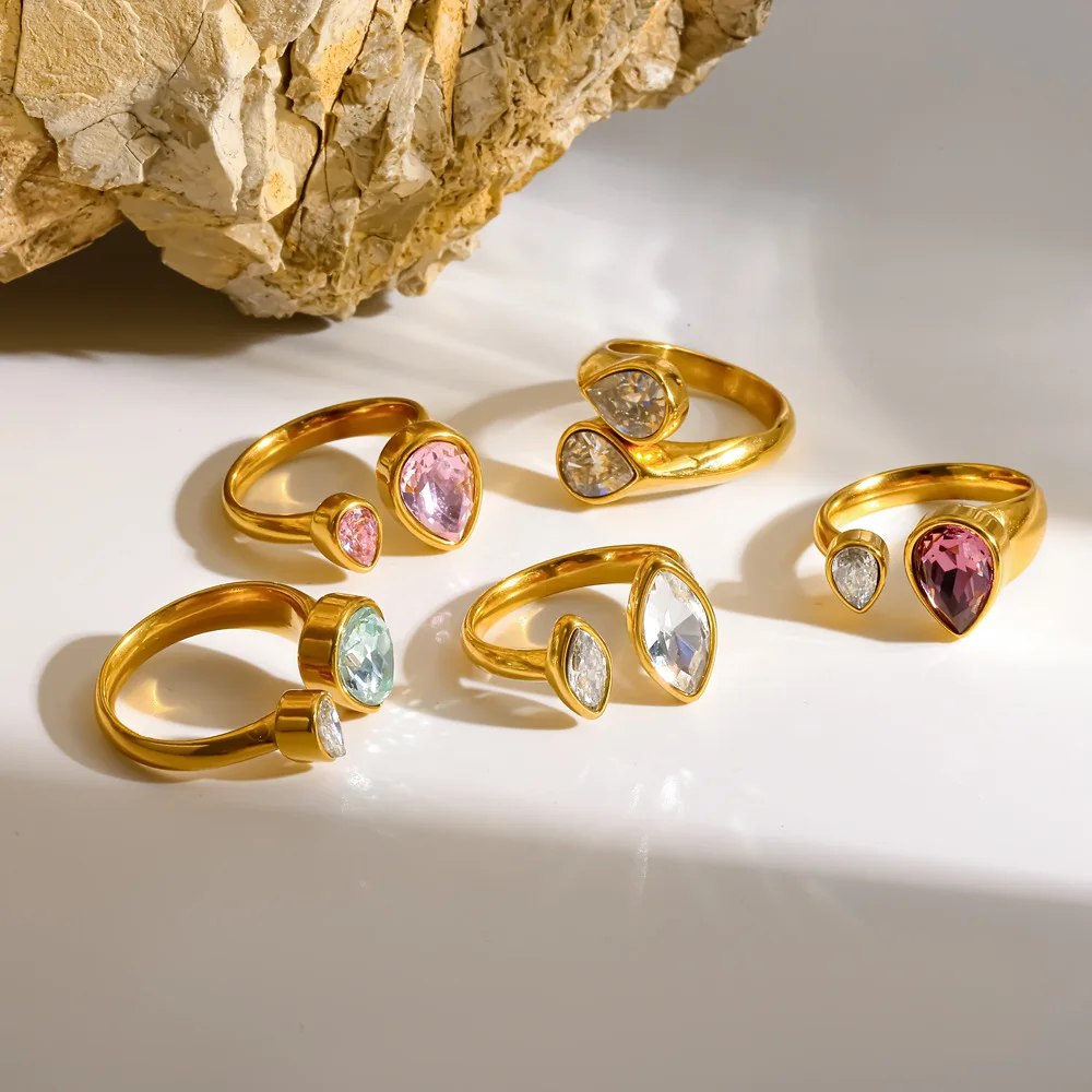 

Waterproof Jewelry 18K Gold-plated Stainless Steel Rings Non-fading Fashionable Luxurious Adjustable Opening Zircon Finger Ring