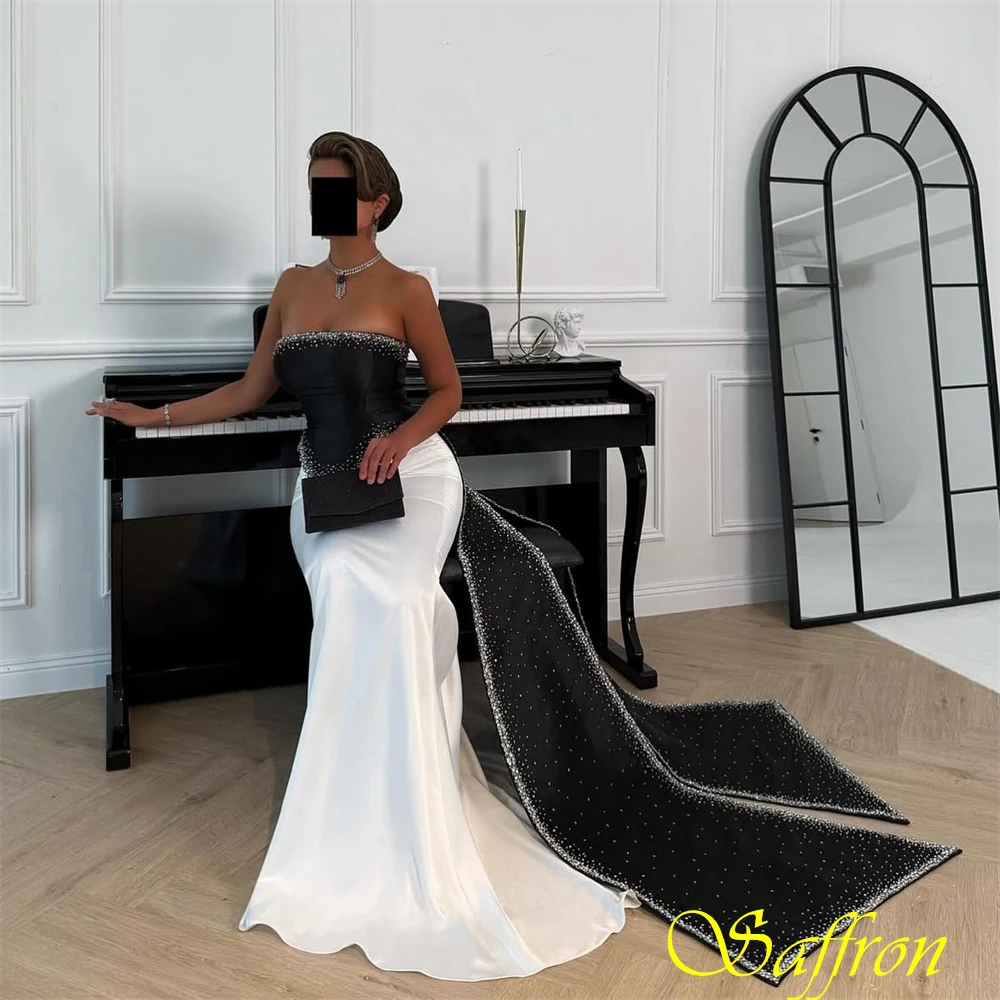Customized Strapless Satin Mermaid Chapel Train Evening Dress Sparkly Crystal Party Dresses Delicate Special Occasion Gowns