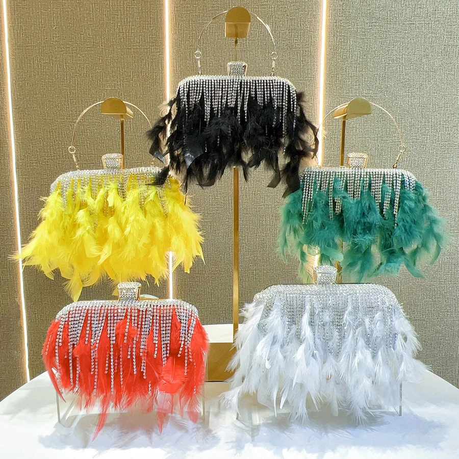 

Ostrich Feather Small Square Bag Women Purse Handbag Crystal Tassel Evening Bag Wedding Party Clutch Purse Chains Crossbody Bags