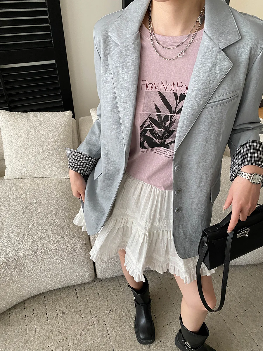 Frühling und Herbst Damen Modische Einfarbige Pendler-Jacke mit Gitterkontrast-Manschetten aus PU-Leder – Detail 12